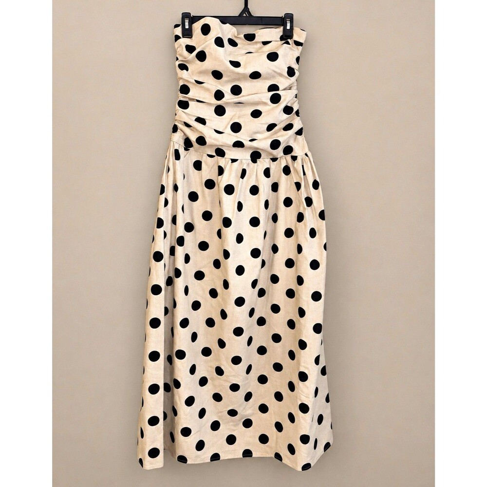 4th & Reckless Strapless Ruched Polka Dot Maxi Dress Lined Zip Ivory/Black S